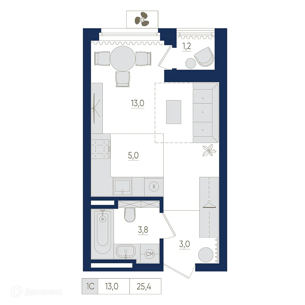 Планировка 1-комнатной квартиры 25.4 м² в ЖК Экогород "Яркий", г. Уфа — фото 1