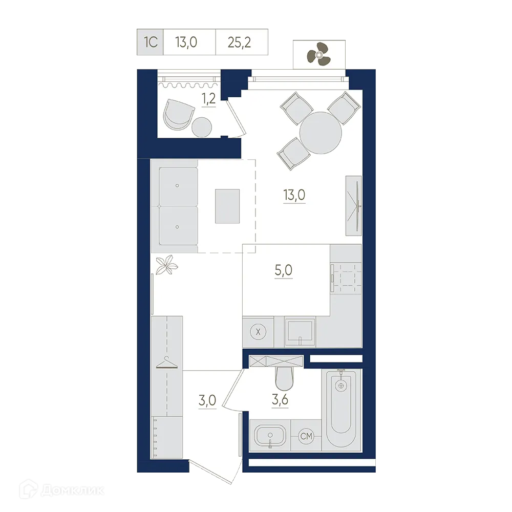 Планировка 1-комнатной квартиры 25.2 м² в ЖК Экогород "Яркий", г. Уфа — фото 1
