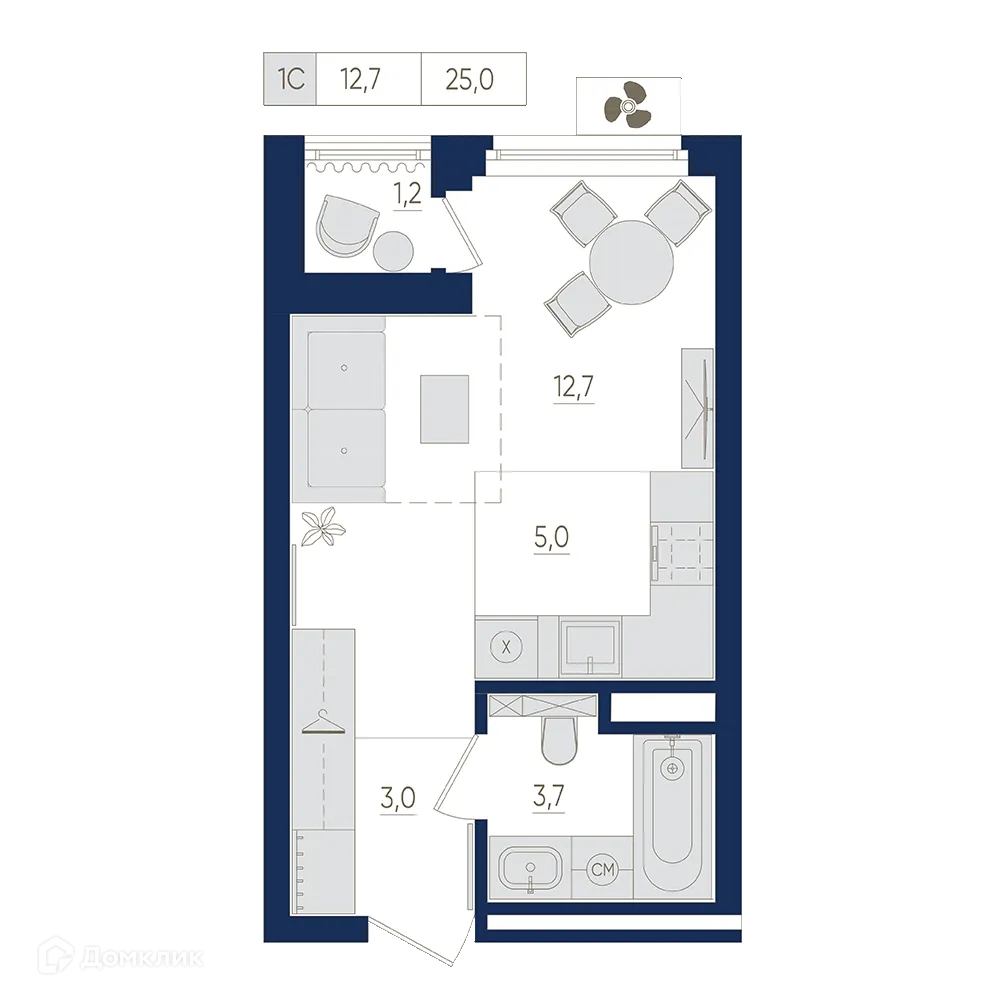 Планировка 1-комнатной квартиры 25 м² в ЖК Экогород "Яркий", г. Уфа — фото 1
