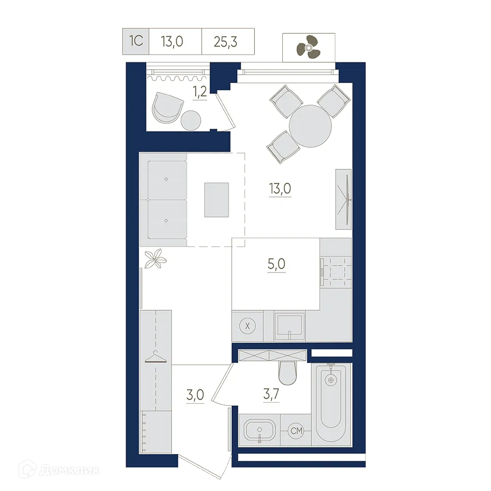 Планировка 1-комнатной квартиры 25.3 м² в ЖК Экогород "Яркий", г. Уфа — фото 1