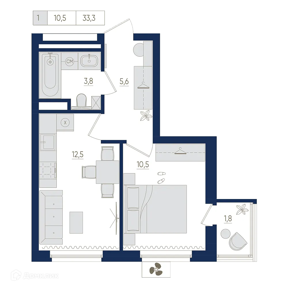 Планировка 1-комнатной квартиры 33.3 м² в ЖК Экогород "Яркий", г. Уфа — фото 1