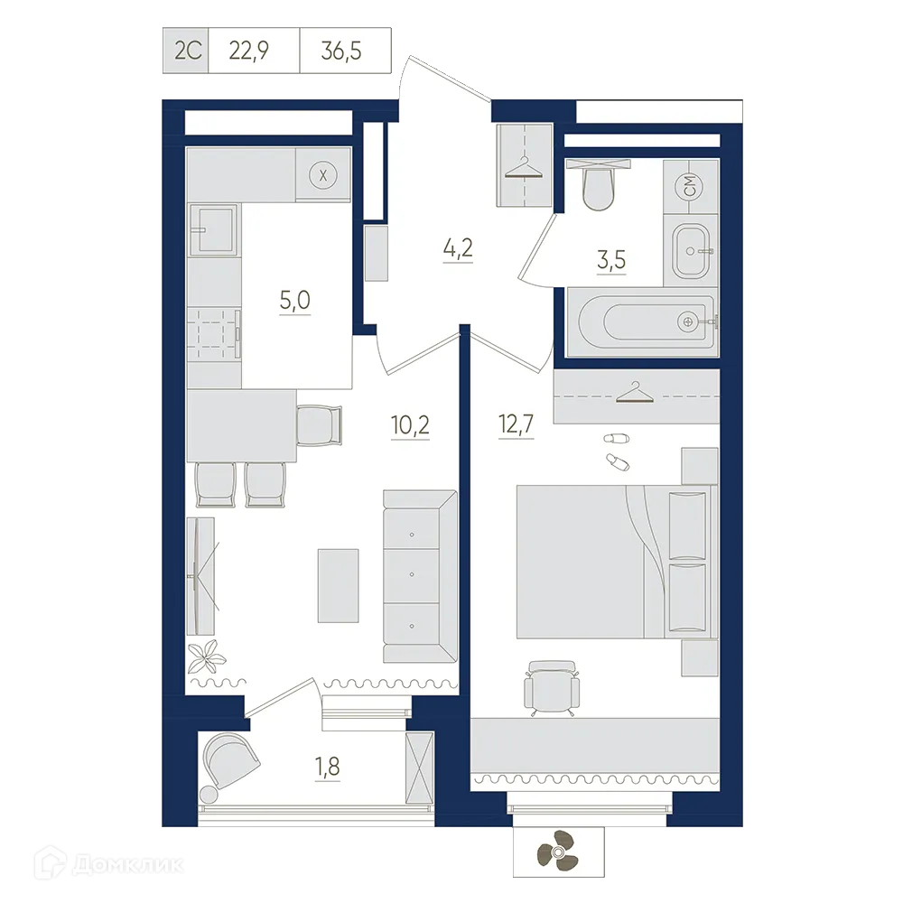 Планировка 2-комнатной квартиры 36.5 м² в ЖК Экогород "Яркий", г. Уфа — фото 1