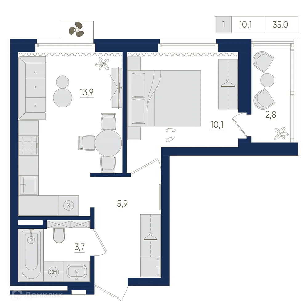 Планировка 1-комнатной квартиры 35 м² в ЖК Экогород "Яркий", г. Уфа — фото 1