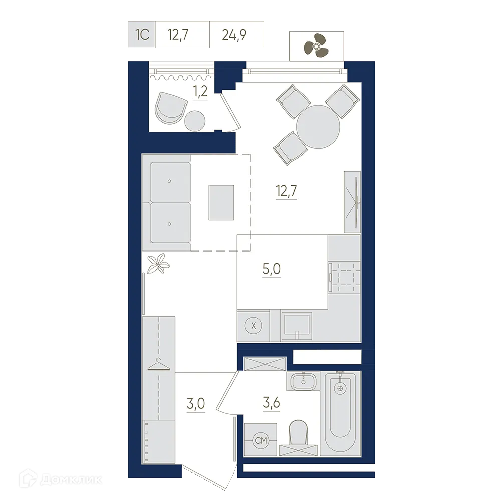 Планировка 1-комнатной квартиры 24.9 м² в ЖК Экогород "Яркий", г. Уфа — фото 1