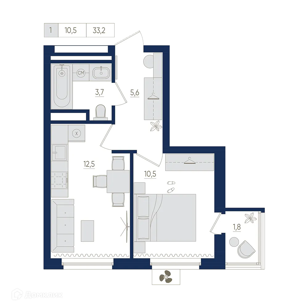 Планировка 1-комнатной квартиры 33.2 м² в ЖК Экогород "Яркий", г. Уфа — фото 1