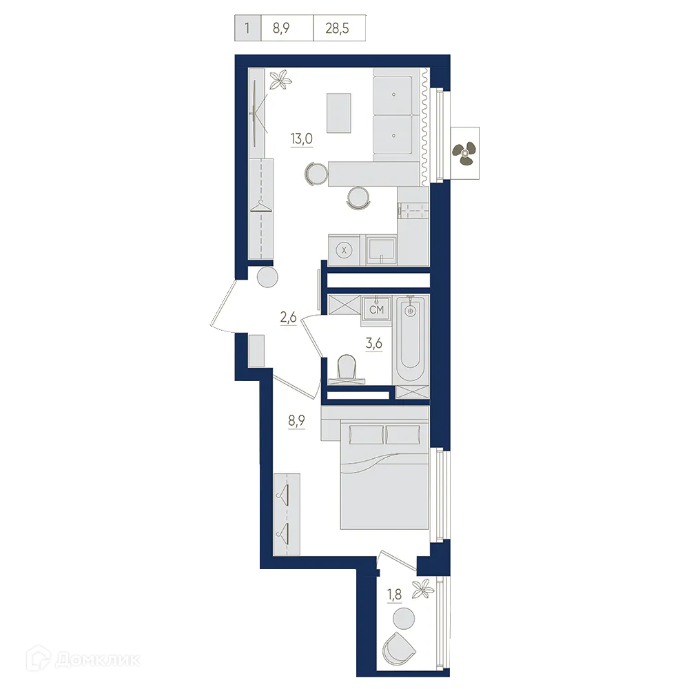 Планировка 1-комнатной квартиры 28.5 м² в ЖК Экогород "Яркий", г. Уфа — фото 1