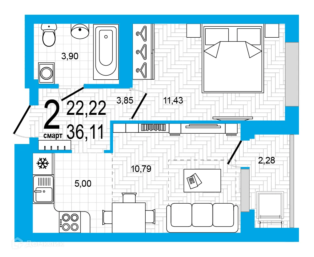 Планировка 2-комнатной квартиры 36.11 м² в ЖК Экогород "Яркий", г. Уфа — фото 1