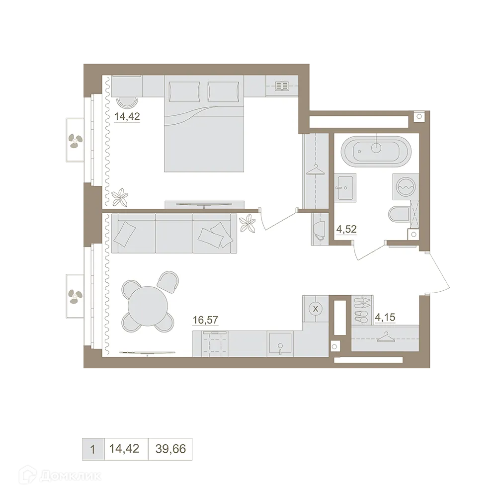 Планировка 1-комнатной квартиры 39.66 м² в ЖК Экогород "Яркий", г. Уфа — фото 1