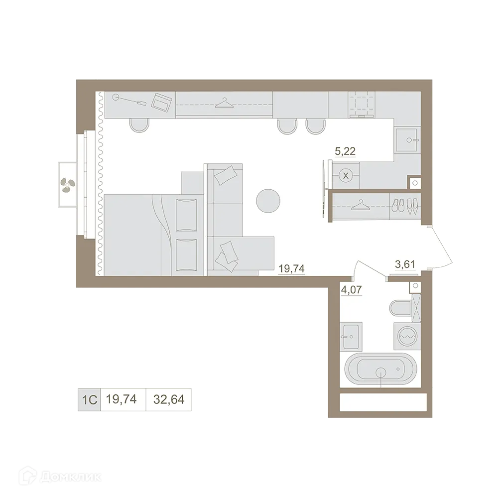 Планировка 1-комнатной квартиры 32.64 м² в ЖК Экогород "Яркий", г. Уфа — фото 1