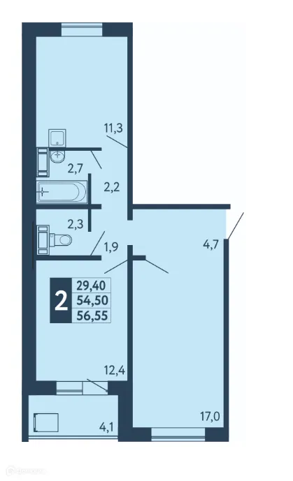 Планировка 2-комнатной квартиры 56.55 м² в ЖК "Новая Дема", г. Уфа — фото 1