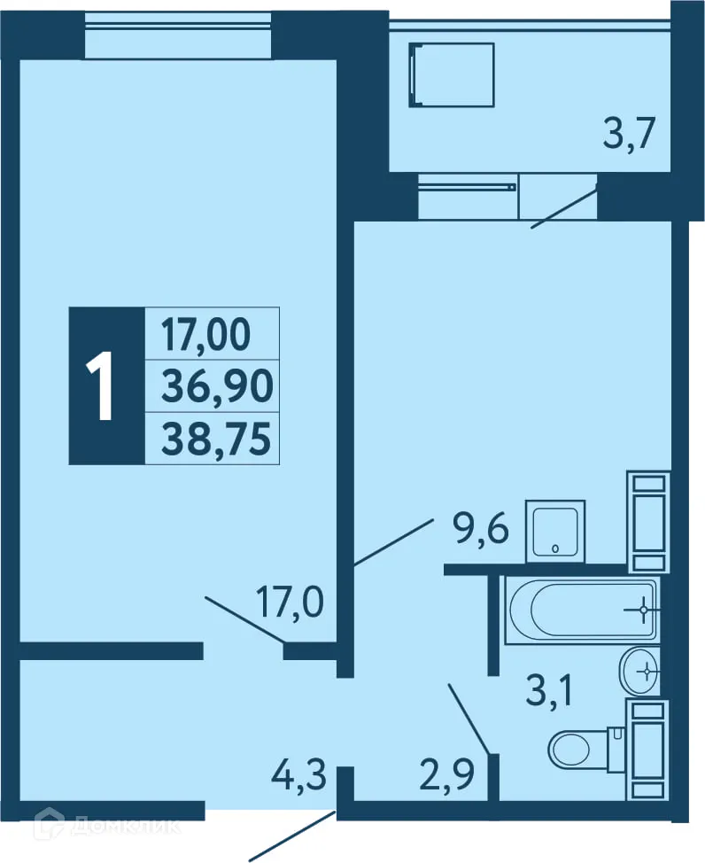 Планировка 1-комнатной квартиры 38.75 м² в ЖК "Новая Дема", г. Уфа — фото 1