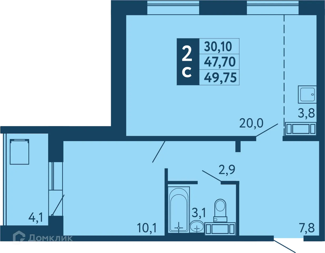 Планировка 2-комнатной квартиры 49.75 м² в ЖК "Новая Дема", г. Уфа — фото 1