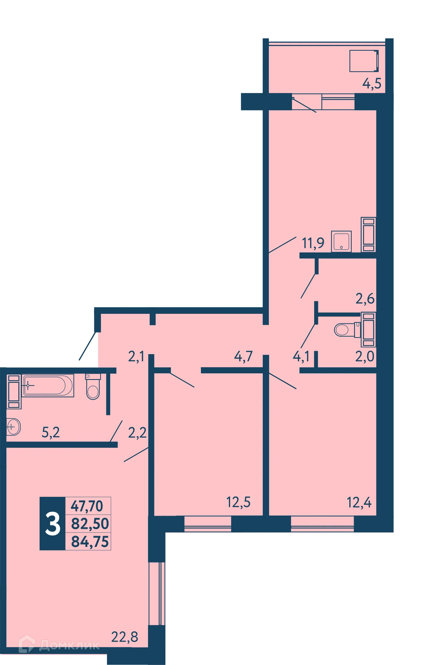 Планировка 3-комнатной квартиры 84.75 м² в ЖК "Новая Дема", г. Уфа — фото 1