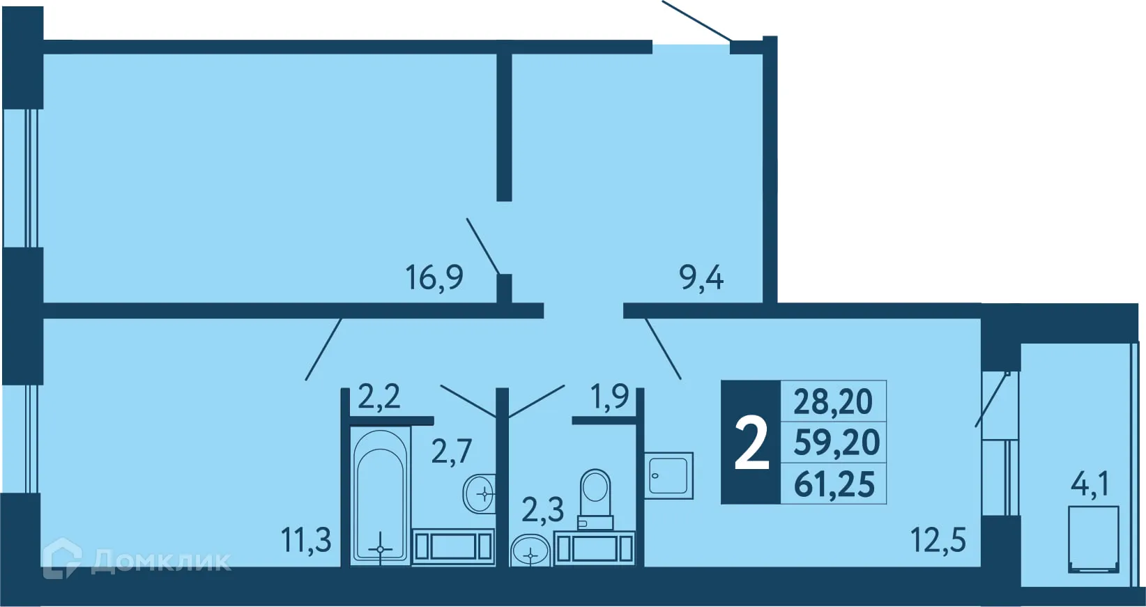 Планировка 2-комнатной квартиры 61.25 м² в ЖК "Новая Дема", г. Уфа — фото 1