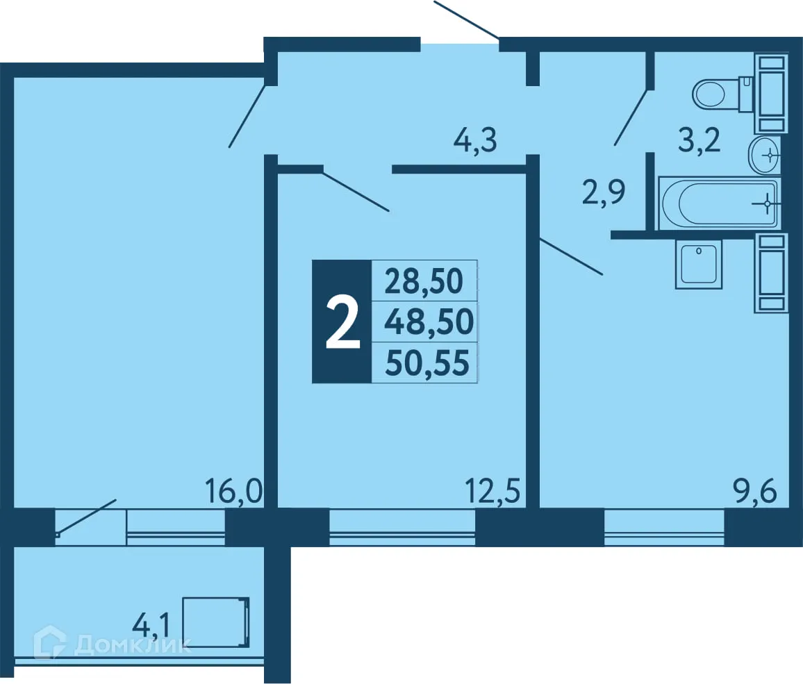 Планировка 2-комнатной квартиры 50.55 м² в ЖК "Новая Дема", г. Уфа — фото 1