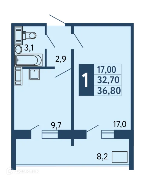 Планировка 1-комнатной квартиры 36.8 м² в ЖК "Новая Дема", г. Уфа — фото 1