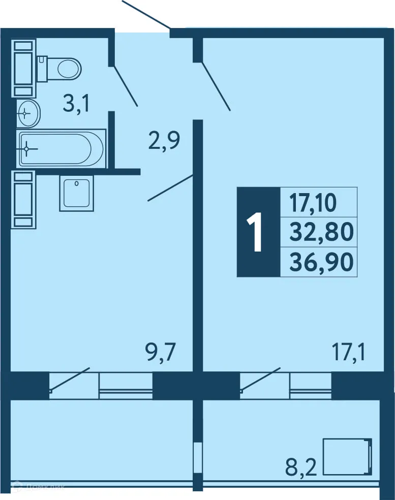 Планировка 1-комнатной квартиры 36.9 м² в ЖК "Новая Дема", г. Уфа — фото 1