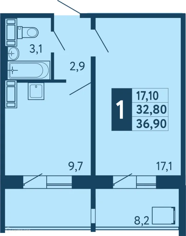 Планировка 1 комн. в ЖК "Новая Дема"