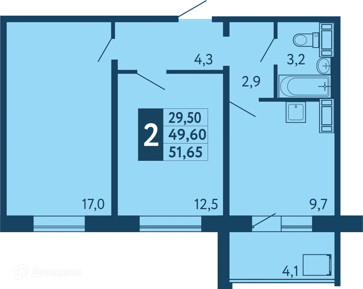 Планировка 2-комнатной квартиры 51.65 м² в ЖК "Новая Дема", г. Уфа — фото 1