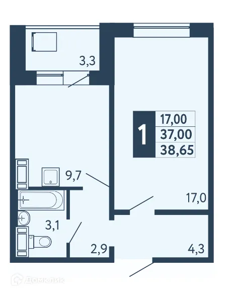 Планировка 1-комнатной квартиры 38.65 м² в ЖК "Новая Дема", г. Уфа — фото 1