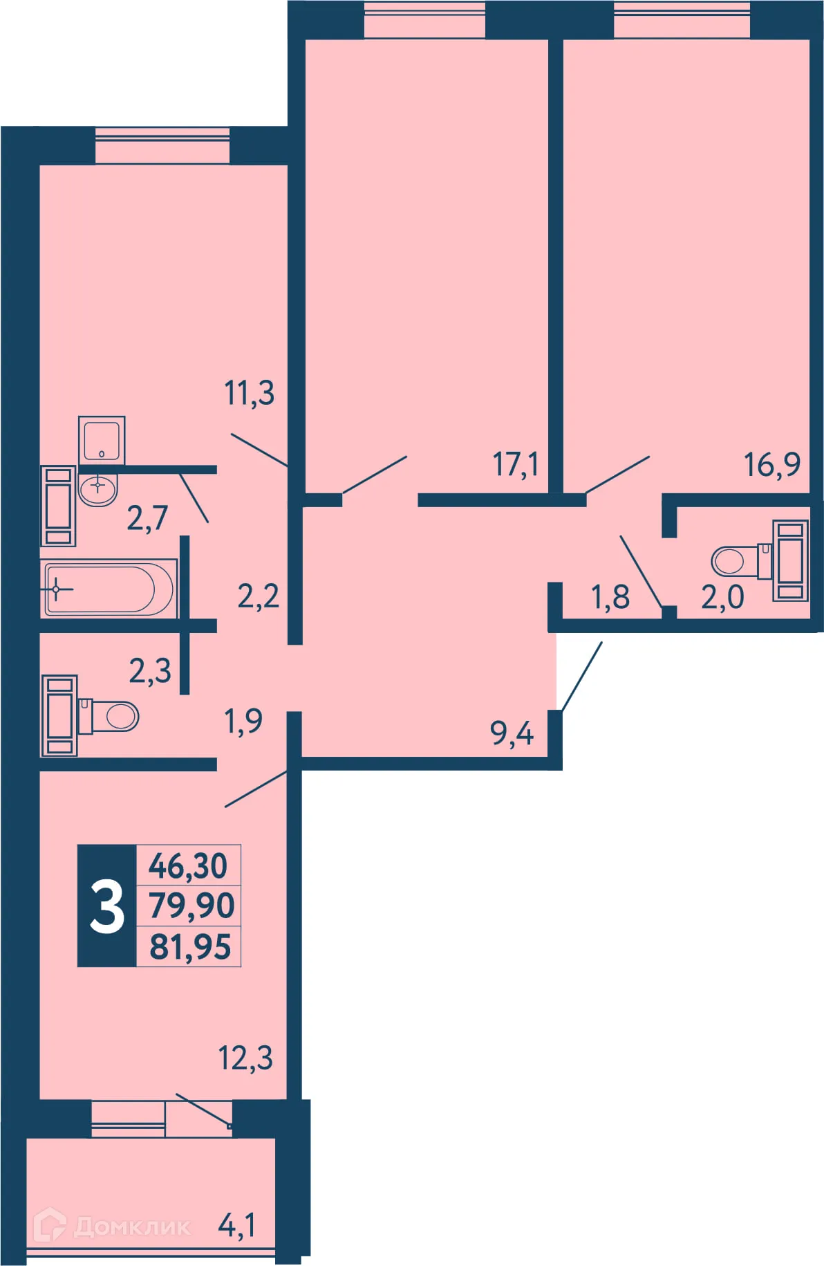Планировка 3-комнатной квартиры 81.8 м² в ЖК "Новая Дема", г. Уфа — фото 1