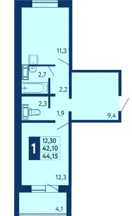 Планировка 1-комнатной квартиры 44.15 м² в ЖК "Новая Дема", г. Уфа — фото 1