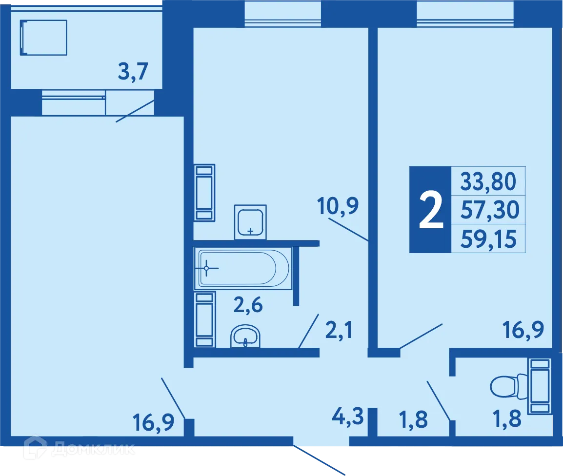 Планировка 2-комнатной квартиры 59.15 м² в ЖК "Новая Дема", г. Уфа — фото 1