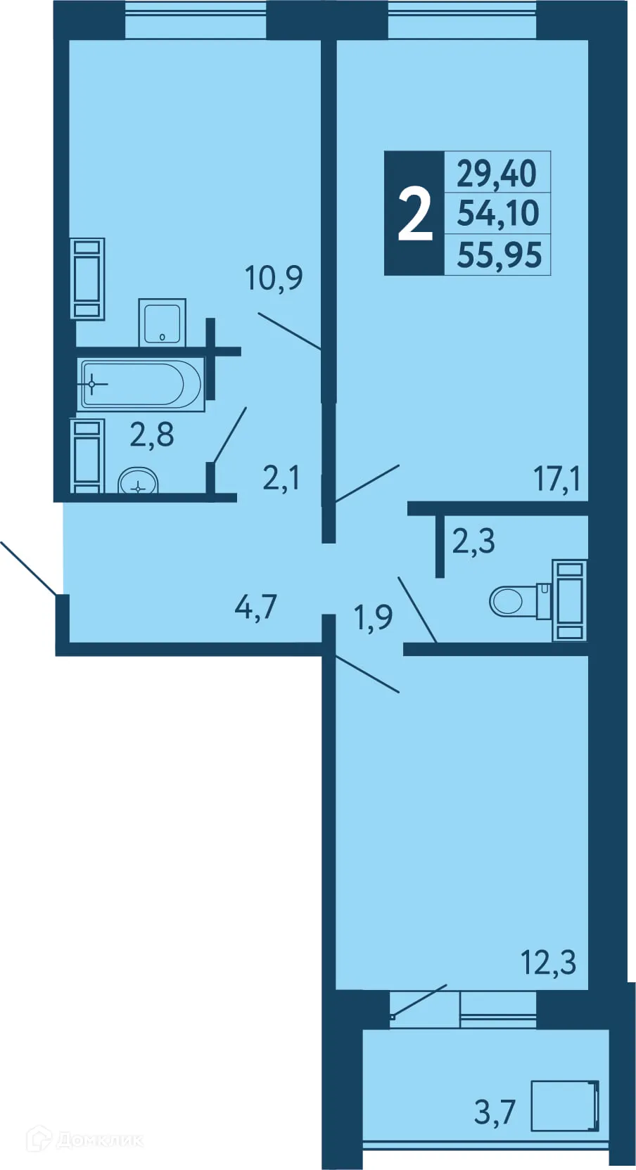 Планировка 2-комнатной квартиры 55.95 м² в ЖК "Новая Дема", г. Уфа — фото 1