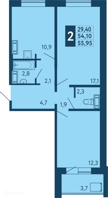 Планировка 2 комн. в ЖК "Новая Дема"