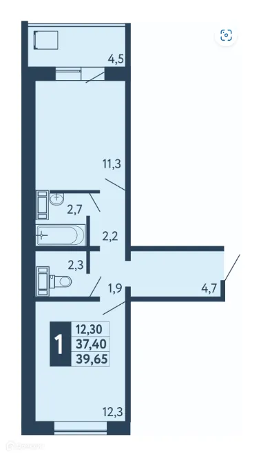 Планировка 1-комнатной квартиры 39.65 м² в ЖК "Новая Дема", г. Уфа — фото 1