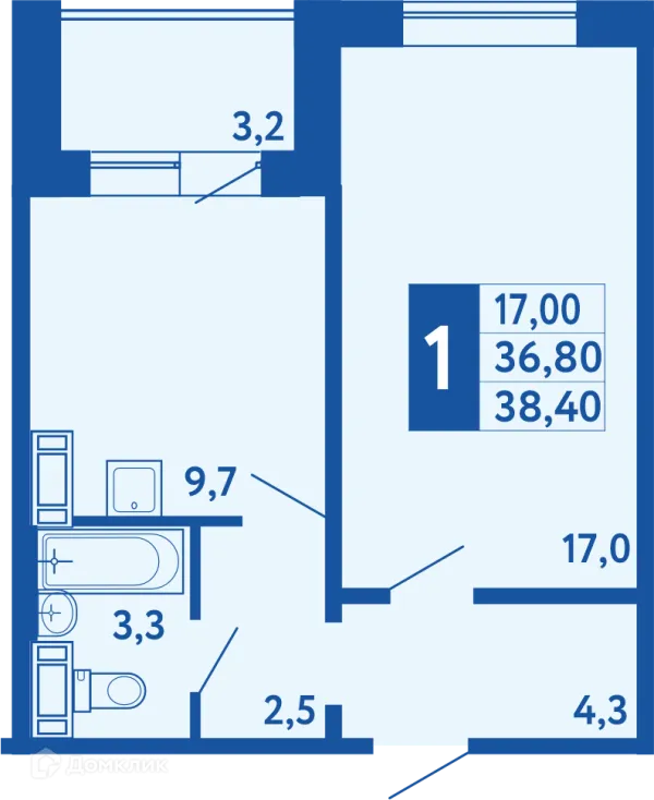 Планировка 1 комн. в ЖК "Новая Дема"