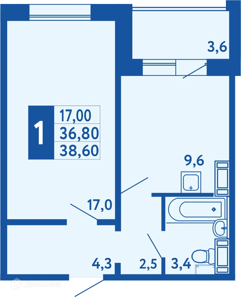 Планировка 1-комнатной квартиры 38.6 м² в ЖК "Новая Дема", г. Уфа — фото 1