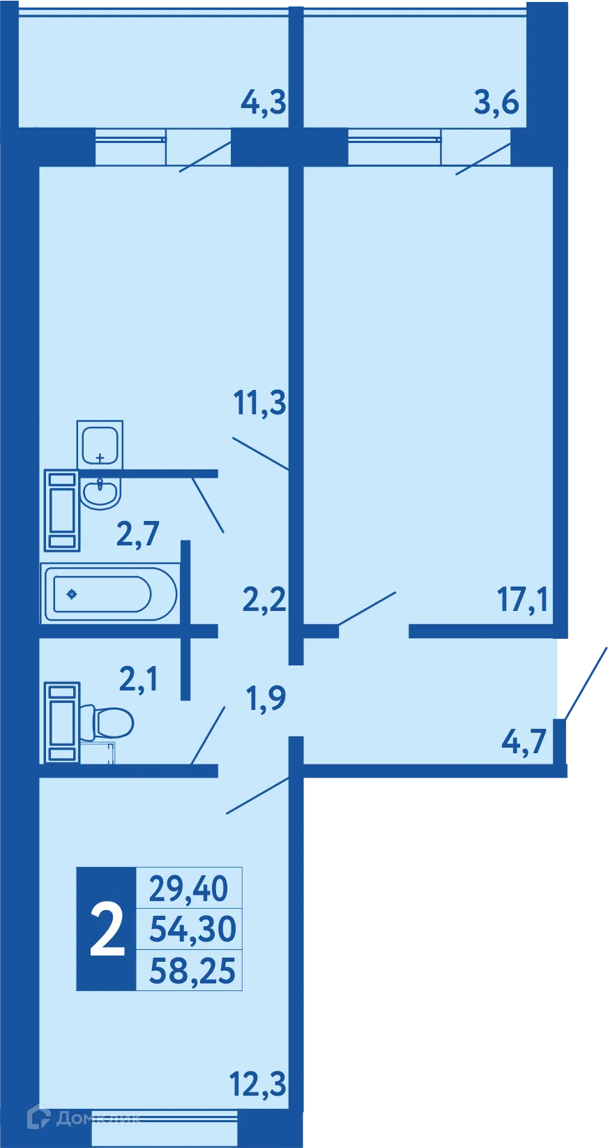 Планировка 2-комнатной квартиры 58.25 м² в ЖК "Новая Дема", г. Уфа — фото 1