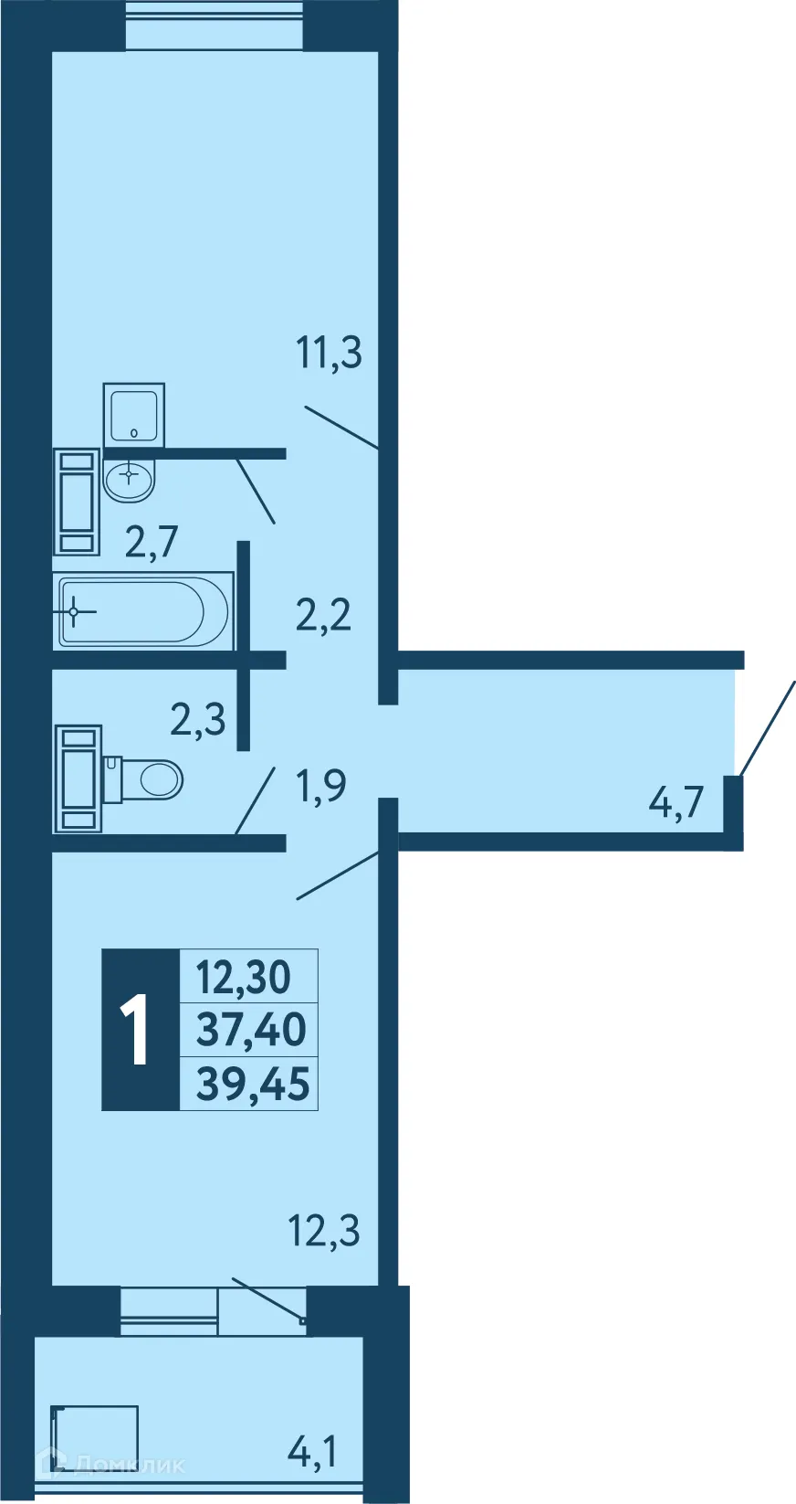Планировка 1-комнатной квартиры 39.45 м² в ЖК "Новая Дема", г. Уфа — фото 1