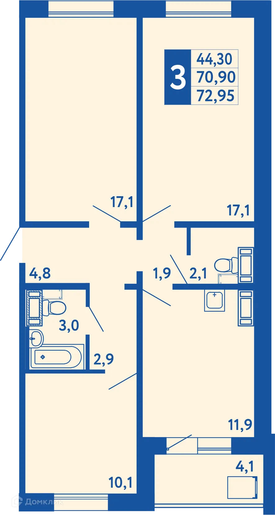 Планировка 3-комнатной квартиры 72.95 м² в ЖК "Новая Дема", г. Уфа — фото 1