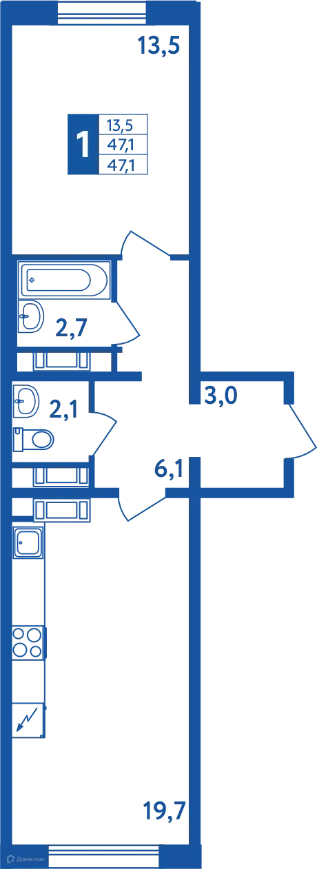 Планировка 1-комнатной квартиры 47.1 м² в ЖК "Новая Дема", г. Уфа — фото 1