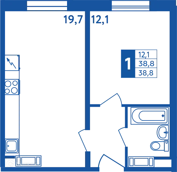 Планировка 1 комн. в ЖК "Новая Дема"