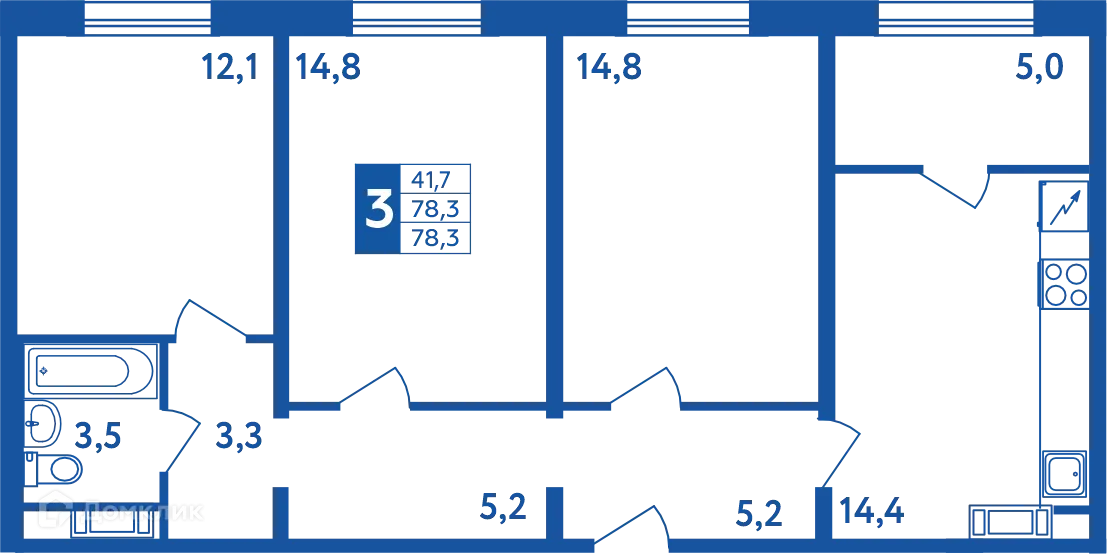 Планировка 3-комнатной квартиры 78.3 м² в ЖК "Новая Дема", г. Уфа — фото 1