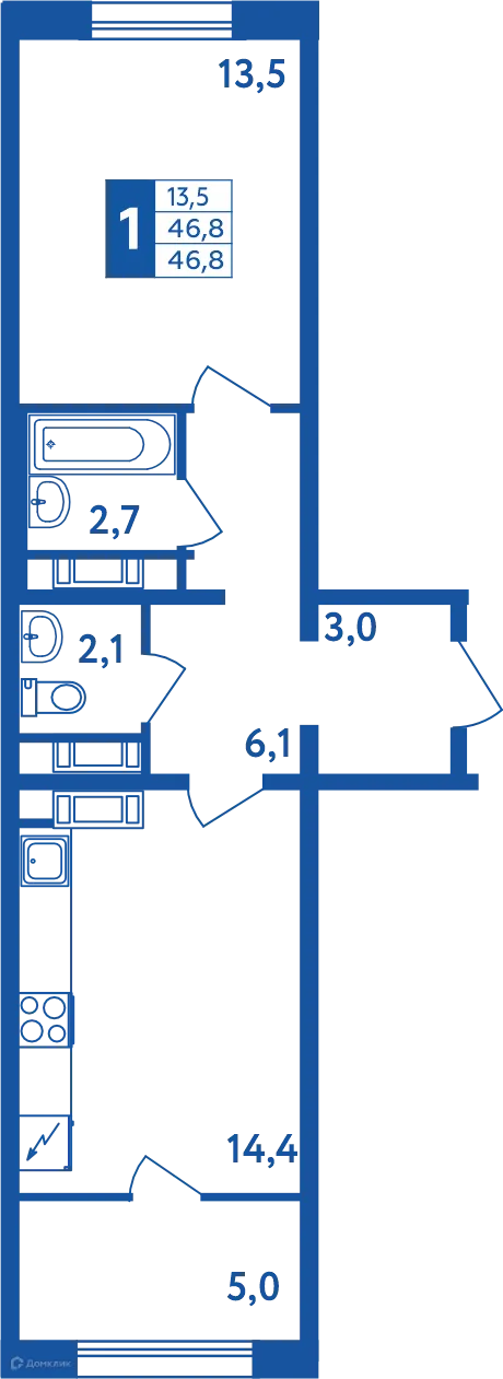Планировка 1-комнатной квартиры 46.8 м² в ЖК "Новая Дема", г. Уфа — фото 1