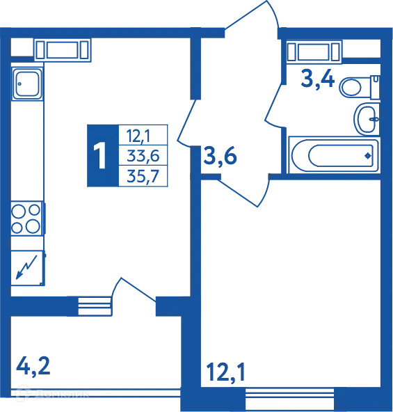 Планировка 1-комнатной квартиры 35.7 м² в ЖК "Новая Дема", г. Уфа — фото 1