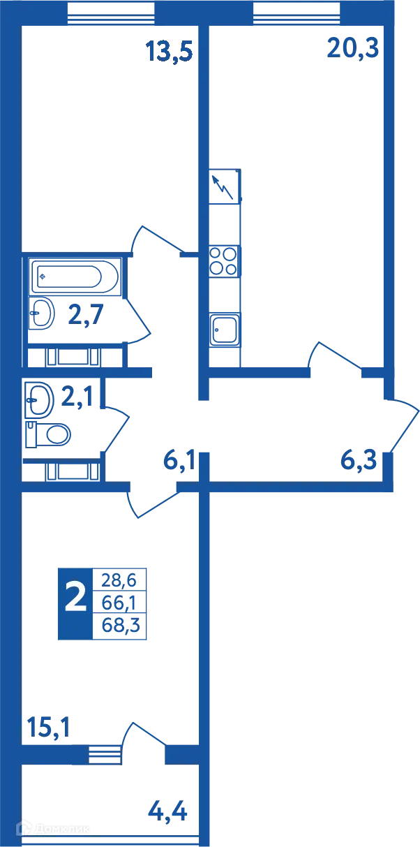 Планировка 2-комнатной квартиры 68.3 м² в ЖК "Новая Дема", г. Уфа — фото 1