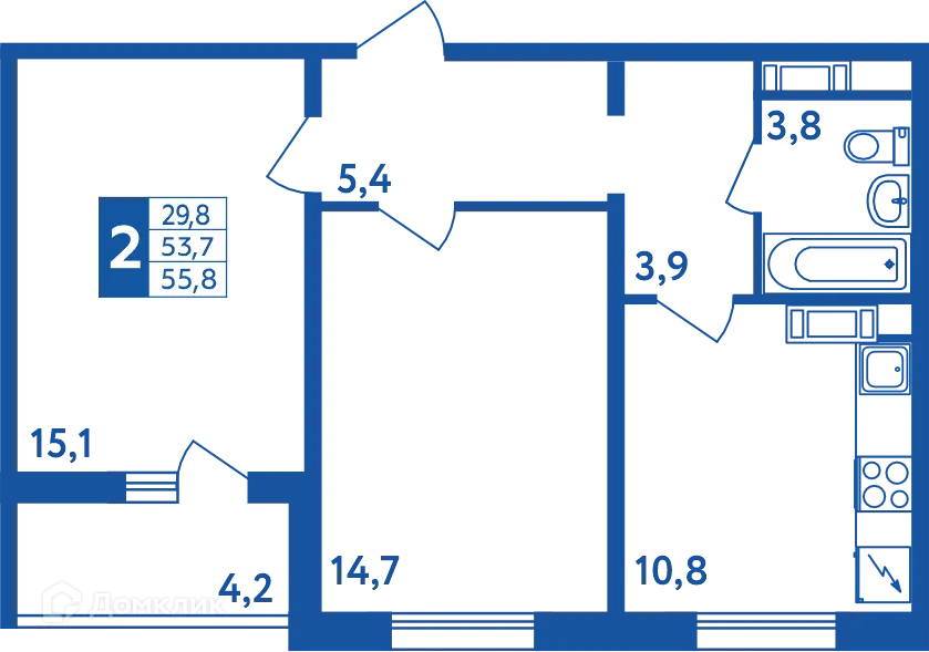 Планировка 2-комнатной квартиры 55.8 м² в ЖК "Новая Дема", г. Уфа — фото 1