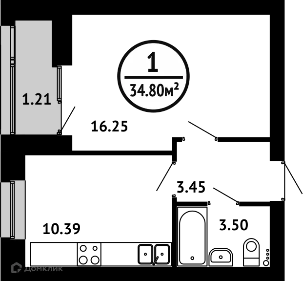 Планировка 1-комнатной квартиры 34.8 м² в ЖК Цветы Башкирии, г. Уфа — фото 1