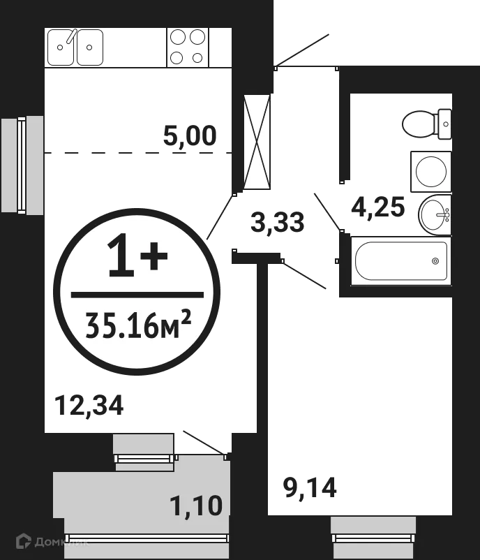 Планировка 1-комнатной квартиры 35.16 м² в ЖК Цветы Башкирии, г. Уфа — фото 1