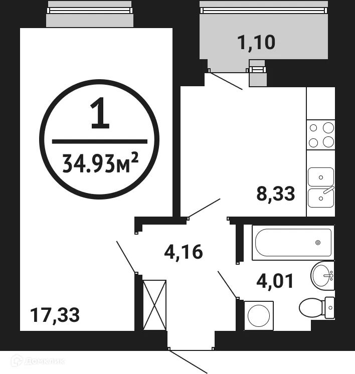 Планировка 1-комнатной квартиры 34.93 м² в ЖК Цветы Башкирии, г. Уфа — фото 1