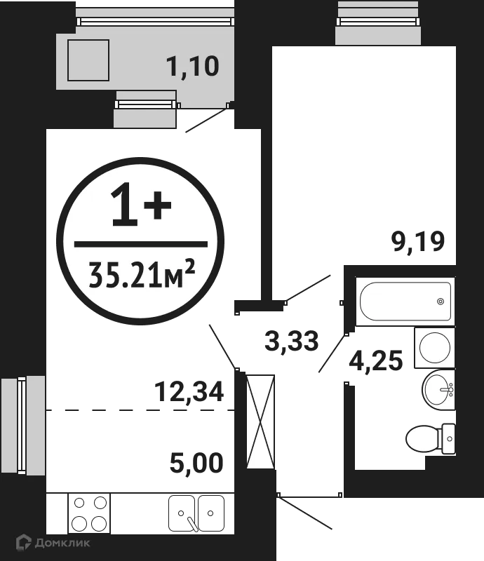 Планировка 1-комнатной квартиры 35.21 м² в ЖК Цветы Башкирии, г. Уфа — фото 1