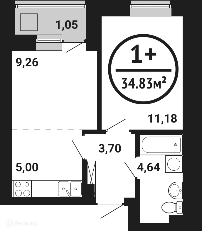 Планировка 1-комнатной квартиры 34.83 м² в ЖК Цветы Башкирии, г. Уфа — фото 1