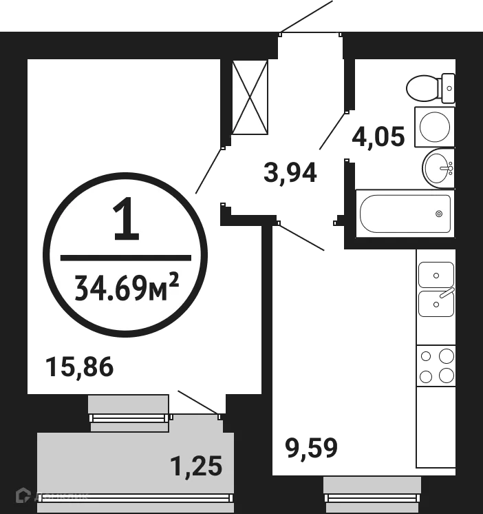 Планировка 1-комнатной квартиры 34.69 м² в ЖК Цветы Башкирии, г. Уфа — фото 1