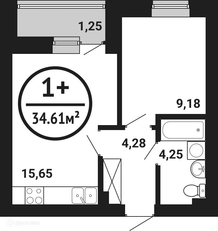 Планировка 1-комнатной квартиры 34.61 м² в ЖК Цветы Башкирии, г. Уфа — фото 1