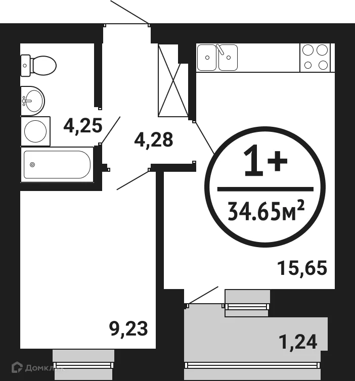 Планировка 1-комнатной квартиры 34.65 м² в ЖК Цветы Башкирии, г. Уфа — фото 1